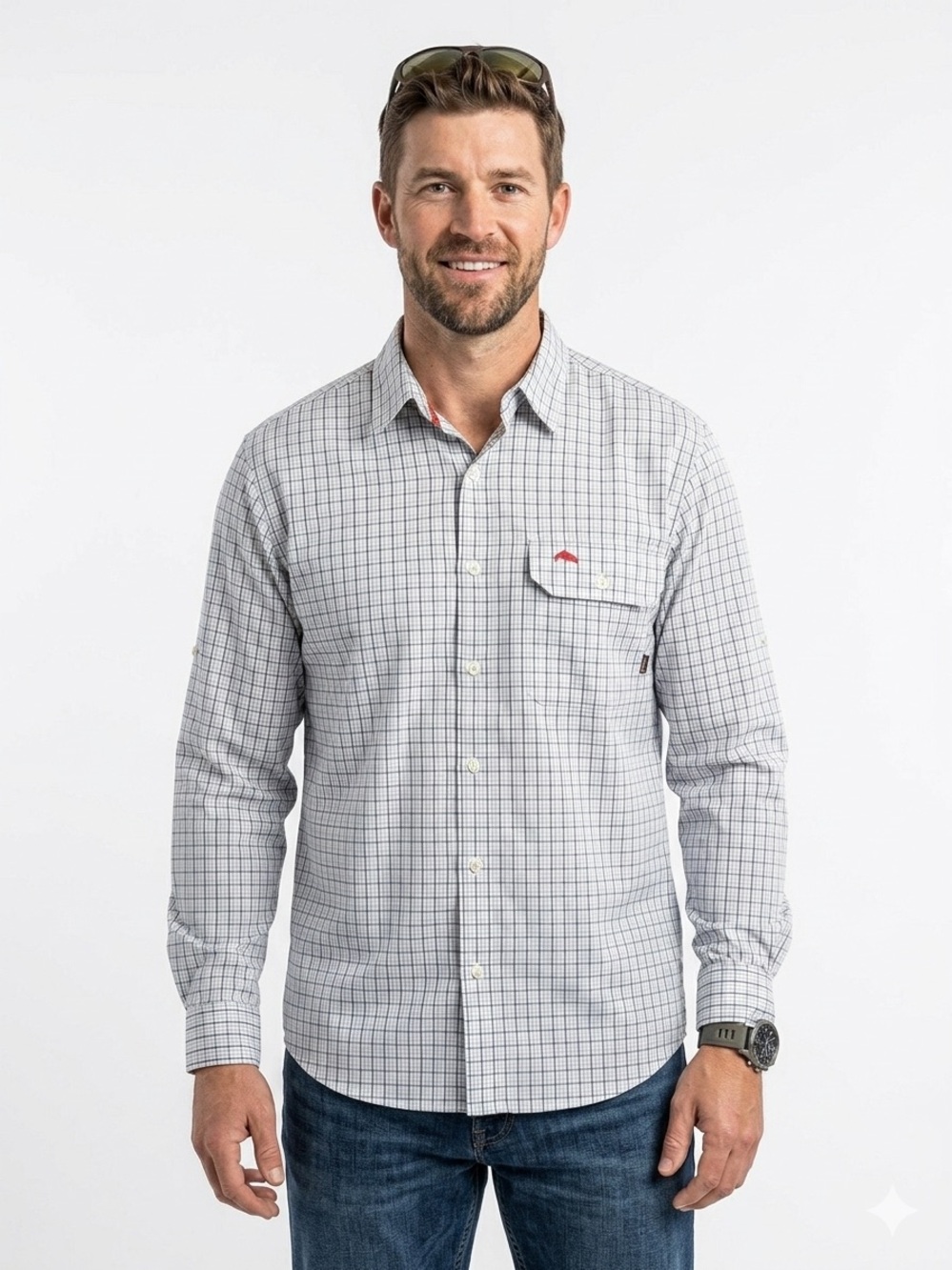 Simms Men’s Plaid 100% Cotton Long Sleeve Button Down Fishing Shirt Medium